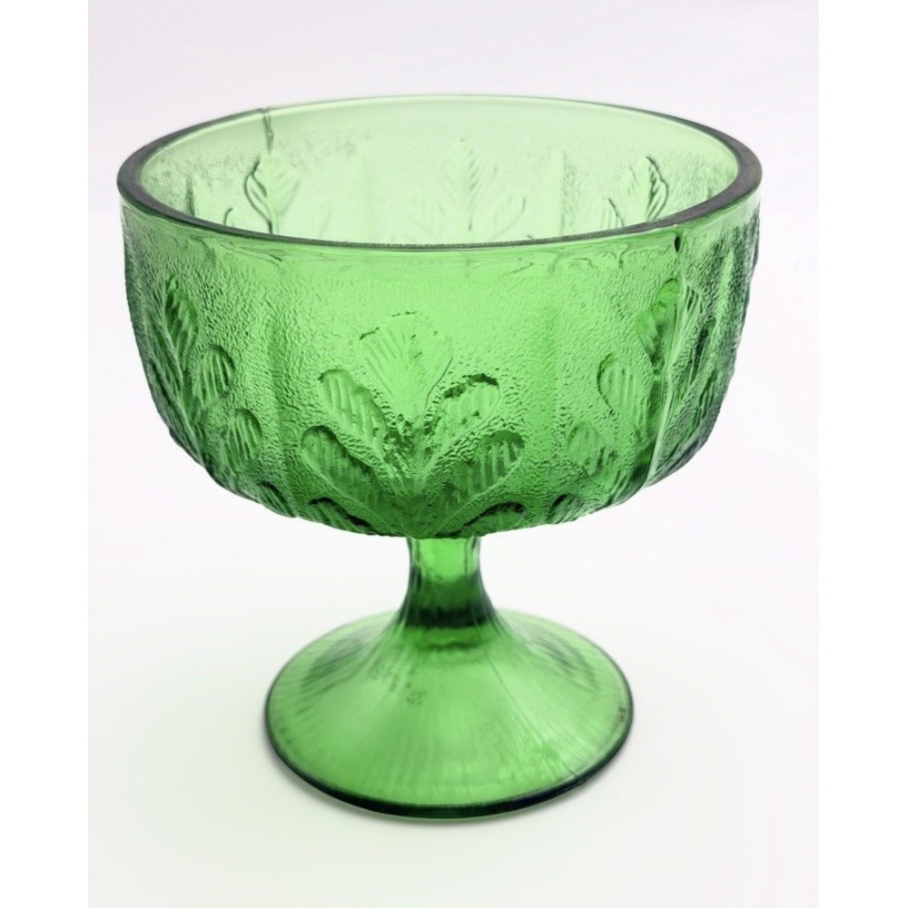 Vintage 1978 FTD  Green Glass Pedestal Compote Candy Dish Oak Leaf Pattern Bowl